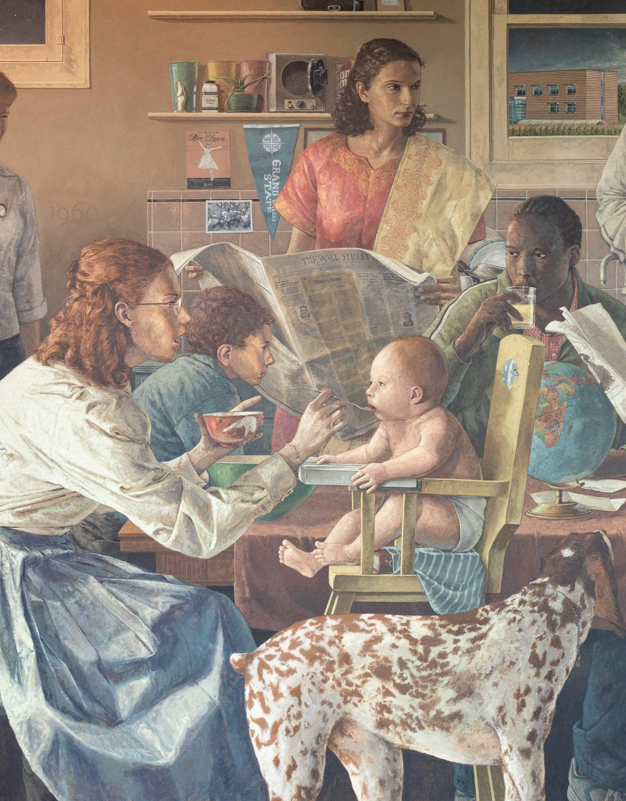 Detail of a larger painting Large painting with many figures seated around a kitchen table - woman feeding her baby, man washing a coffee mug, woman reading newspaper with man behind her who is mad, plus many others, and other symbolic objects.